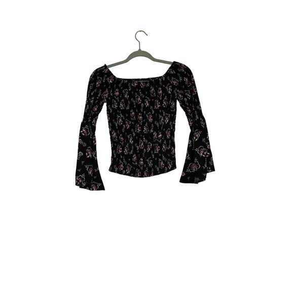 Express Tops - Express Black Boho Floral Smocked Bell Sleeve Top XS